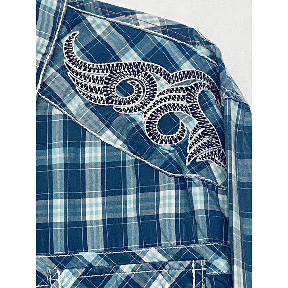 Austin Season Men's Embroidered Blue Plaid Long Sleeve Button Up Western Shirt L - Picture 3 of 14